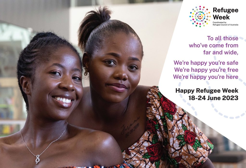 two girls promoting Refugee Week 2023 and coming together to be safe and free